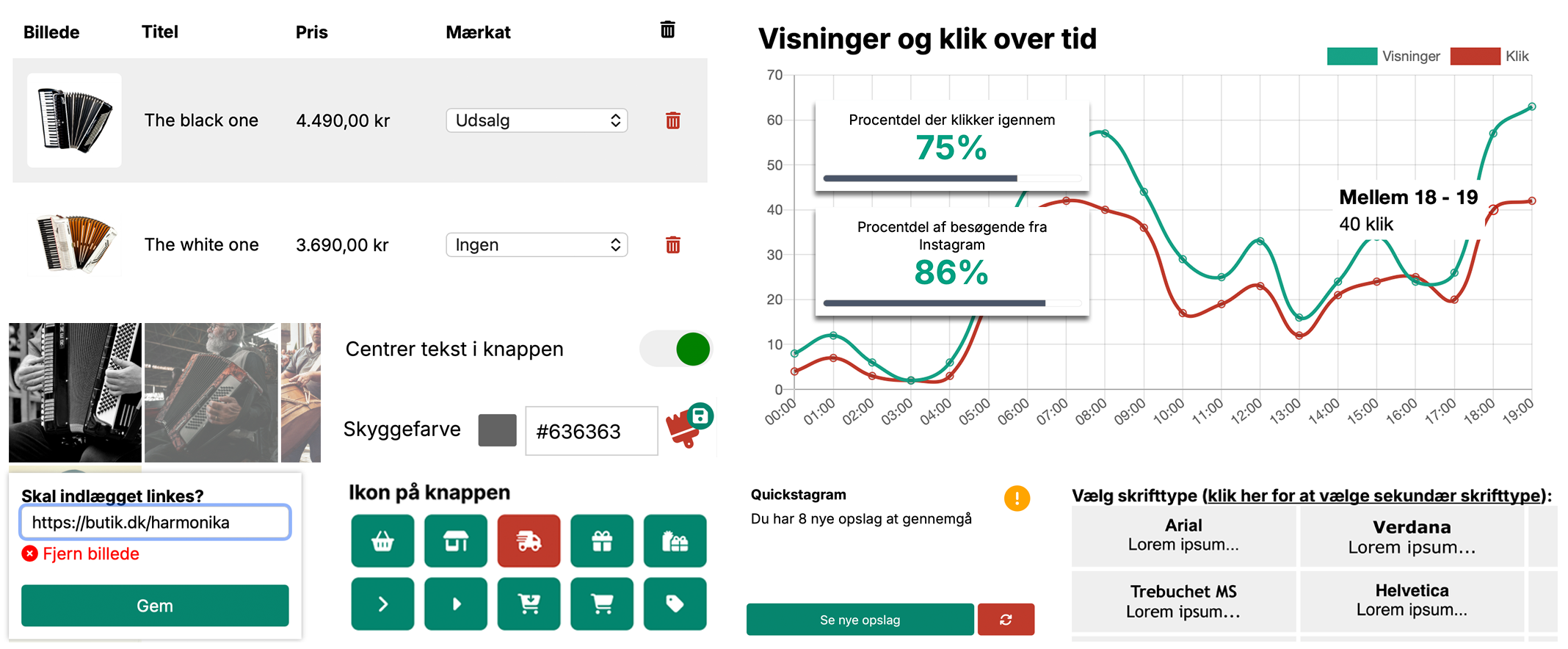 Et gitter af skærmbilleder fra kontrolpanelet der viser tilpasningsindstillinger, statistik over visninger og klik, Instagram-forbindelse og valg af skrifttype.