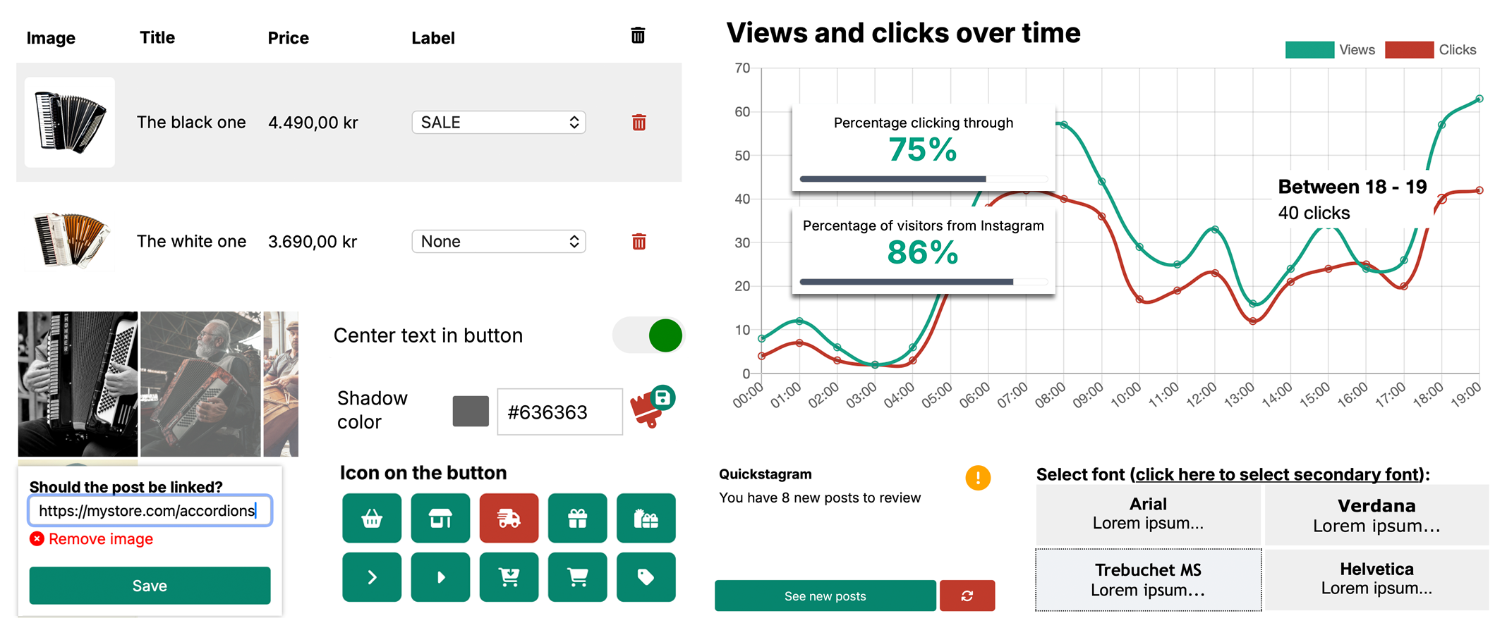 A grid of screenshots from the control panel showing customisation settings, view and click statistics, Instagram integration and font choices.