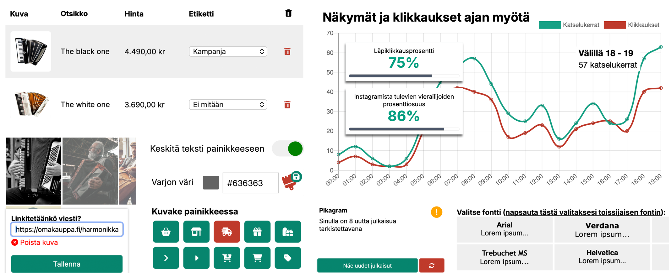 Ruudukko ohjauspaneelin kuvakaappauksista, joissa näkyy mukautusasetuksia, näyttö- ja klikkitilastoja, Instagram-integraatio ja fonttivalinnat.