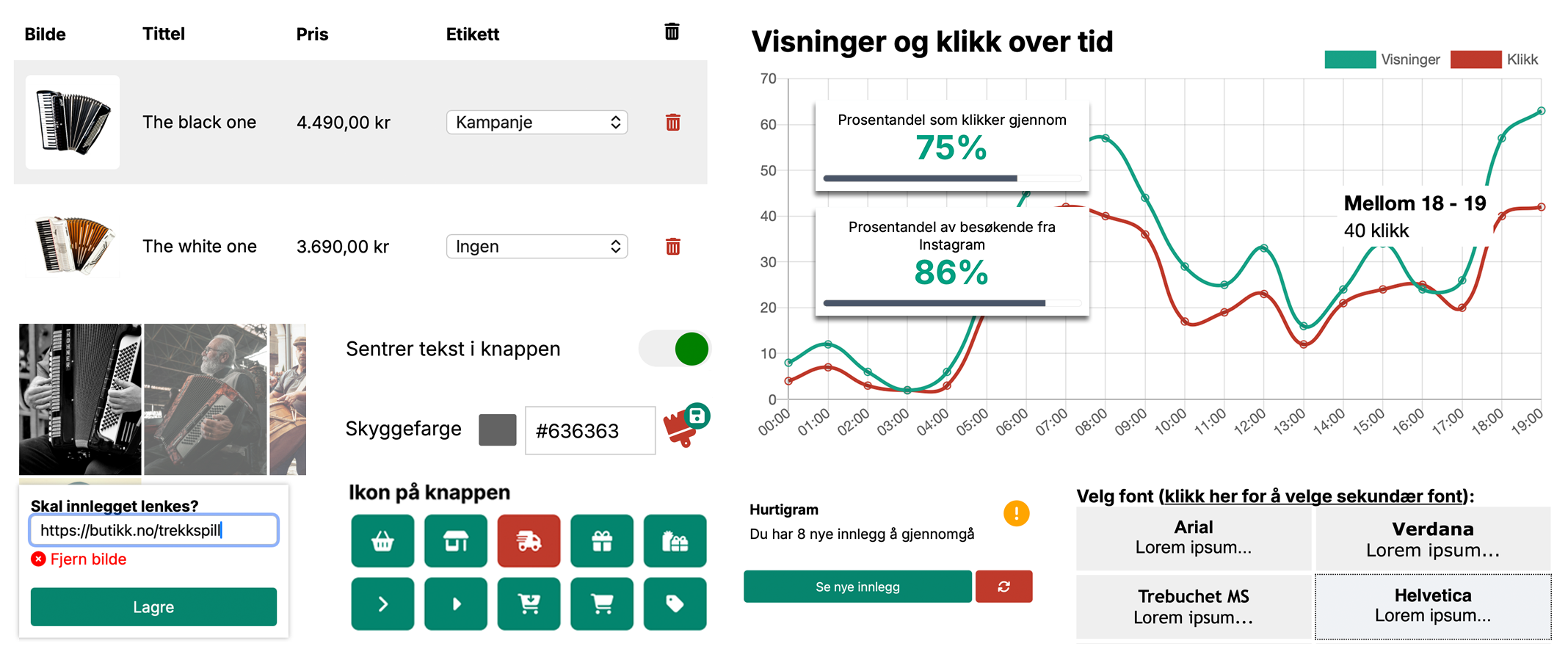 Et rutenett med skjermbilder fra kontrollpanelet som viser tilpasningsinnstillinger, statistikk over visninger og klikk, Instagram-kobling og valg av skrifttype.