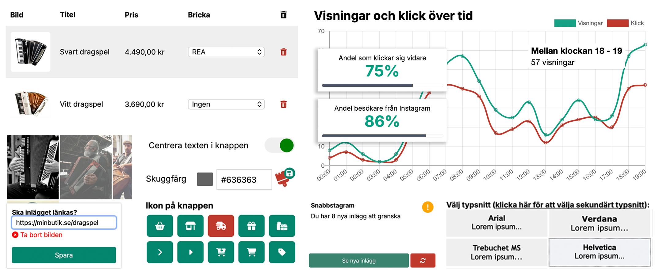 Ett rutnät av skärmdumpar från kontrollpanelen som visar inställningsmöjligheter, statistik över visningar och klick, Instagram-koppling och val av typsnitt.